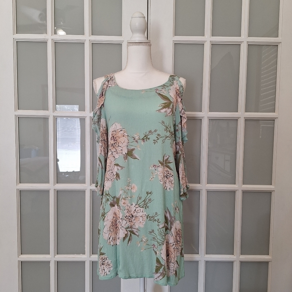 Blu Heaven Mint Green Floral Ruffle Cold-Shoulder Dress - Picture 3 of 14
